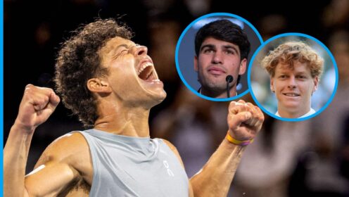 Pictured: Ben Shelton celebrates winning the Canadian Open, with Carlos Alcaraz and Jannik Sinner (inset)
