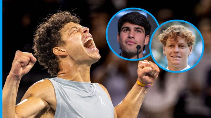 Pictured: Ben Shelton celebrates winning the Canadian Open, with Carlos Alcaraz and Jannik Sinner (inset)