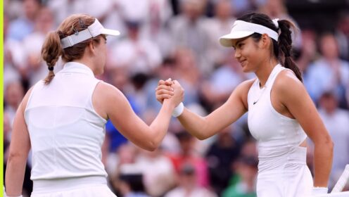 Pictured: Lulu Sun shakes hands with Emma Raducanu at Wimbledon