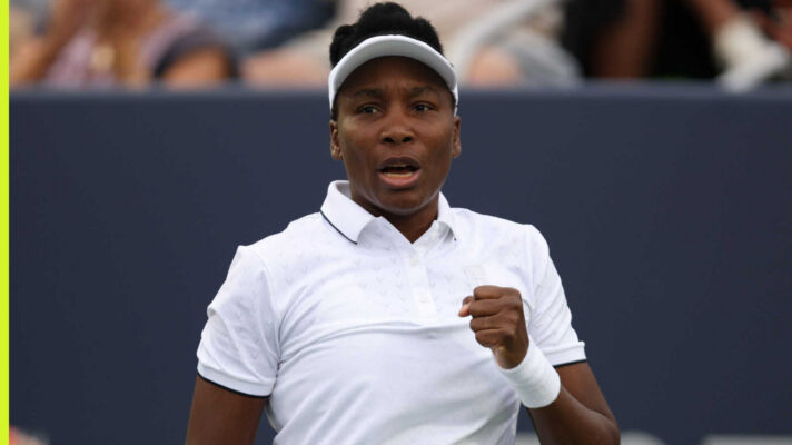 Pictured: Venus Williams reacts during a match