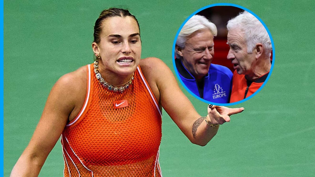 Pictured: An angry Aryna Sabalenka, with Bjorn Borg and John McEnroe (inset)