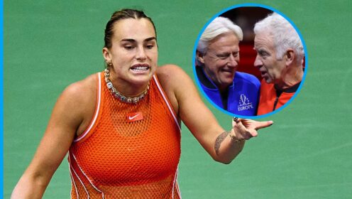 Pictured: An angry Aryna Sabalenka, with Bjorn Borg and John McEnroe (inset)
