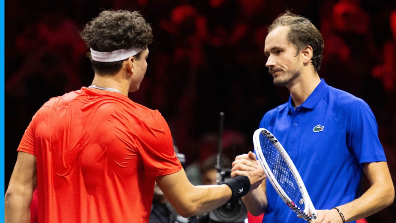 Pictured: Ben Shelton shakes hands with Daniil Medvedev at the Laver Cup