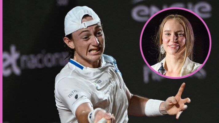 Pictured: Ignacio Buse hits a forehand, with US Open champion Elena Rybakina (inset)
