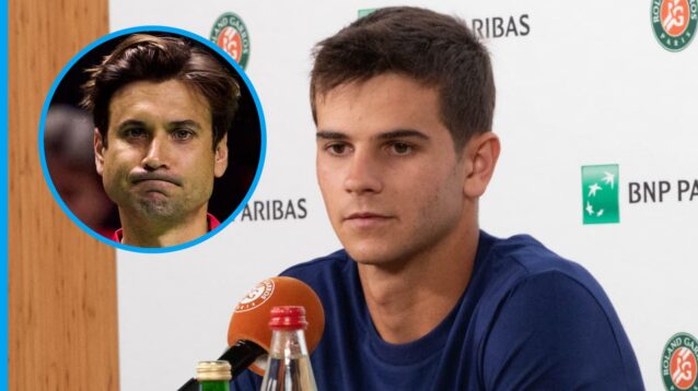 Pictured: Rafael Jodar talks to the press, with David Ferrer (inset)