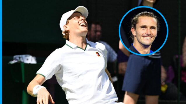Pictured: Jannik Sinner falls at Wimbledon, with a smiling Alexander Zverev (inset)