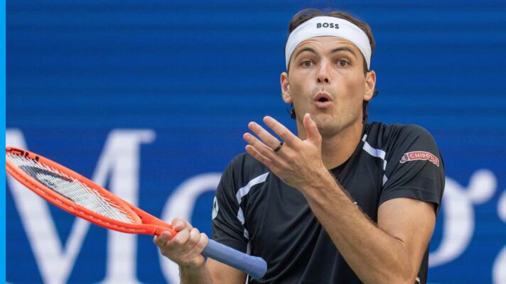 Pictured: Taylor Fritz loses his temper at the US Open