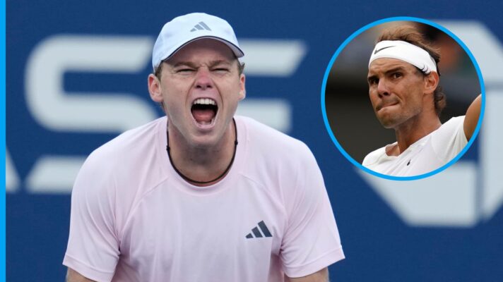Pictured: Alex Michelsen celebrates at the US Open, with Rafael Nadal (inset)