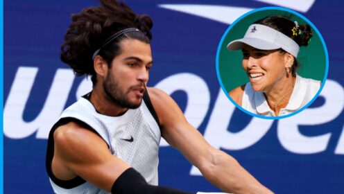 Pictured: Carlos Alcaraz in US Open action, with Ajla Tomljanovic (inset)