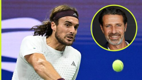 Pictured: Stefanos Tsitsipas at the US Open and Patrick Mouratoglou (inset)