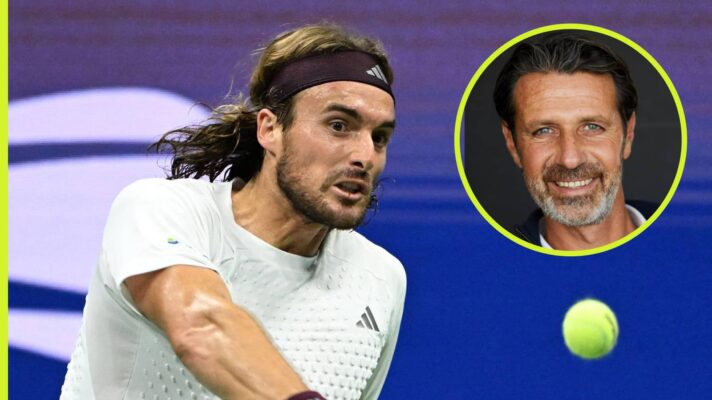Pictured: Stefanos Tsitsipas at the US Open and Patrick Mouratoglou (inset)