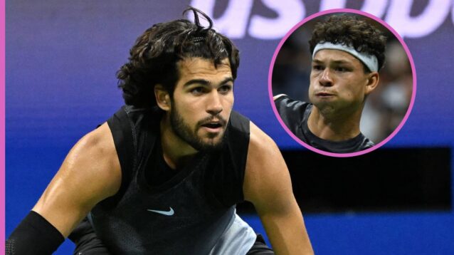 Pictured: Carlos Alcaraz in US Open action, with Ben Shelton (inset)