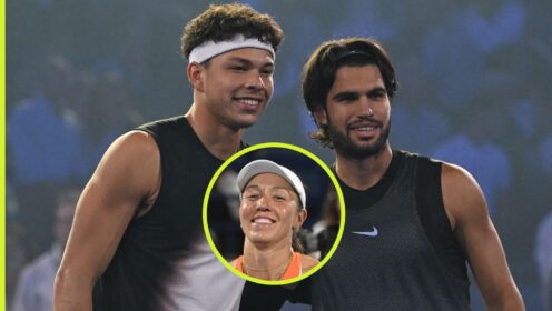 Pictured: Ben Shelton with Carlos Alcaraz at the US Open, with a smiling Jessica Pegula (inset)