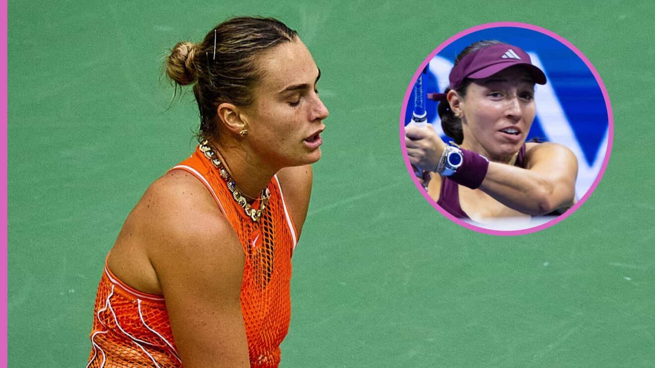 Pictured: Aryna Sabalenka looks dejected, with Jessica Pegula (inset)