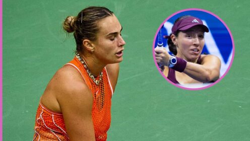 Pictured: Aryna Sabalenka looks dejected, with Jessica Pegula (inset)