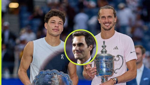 Pictured: Ben Shelton and Alexander Zverev with their US Open trophies, and Roger Federer (inset)