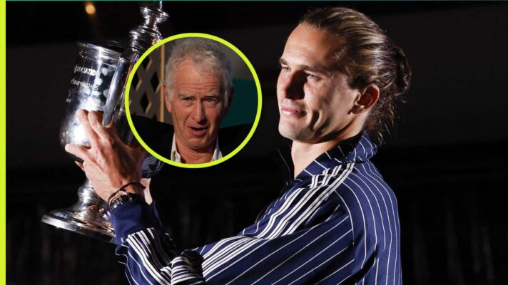 Pictured: Alexander Zverev holds the US Open trophy, with John McEnroe (inset)