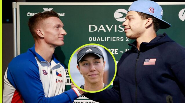 Pictured: Jiri Lehecka shakes Ben Shelton's hand before their Davis Cup match, with Jessica Pegula (inset)