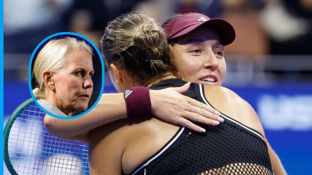 Pictured: Jessica Pegula hugs Aryna Sabalenka, with Rennae Stubbs (inset)