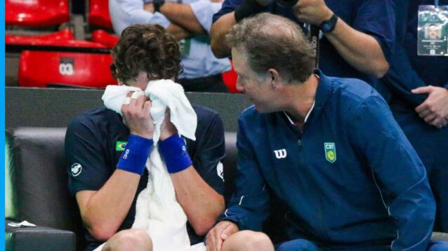 Pictured: Joao Fonseca cries into his towel after his Davis Cup win