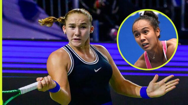 Pictured: Mirra Andreeva at the Singapore Open, with victor Leylah Fernandez (inset)