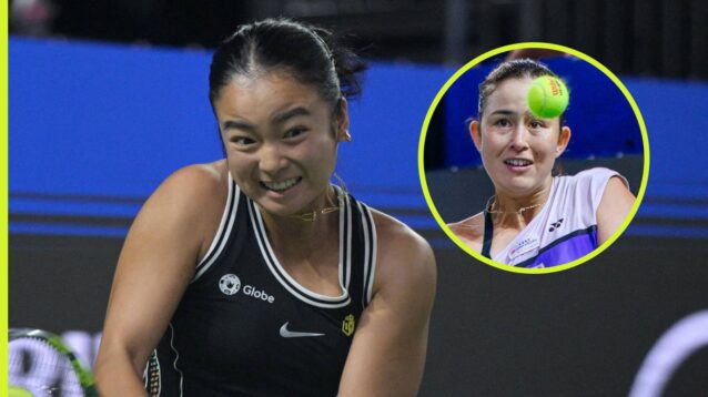 Pictured: Alex Eala takes on Joanna Garland (inset) at the Asian Games