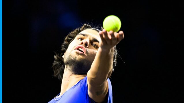 Pictured: Carlos Alcaraz serves at the Laver Cup