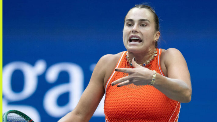 Pictured: A frustrated Aryna Sabalenka reacts during a match