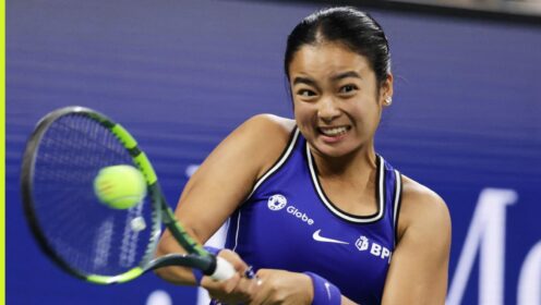 Alex Eala hits a backhand at the US Open