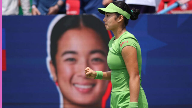 Pictured: Alex Eala reacts during a match