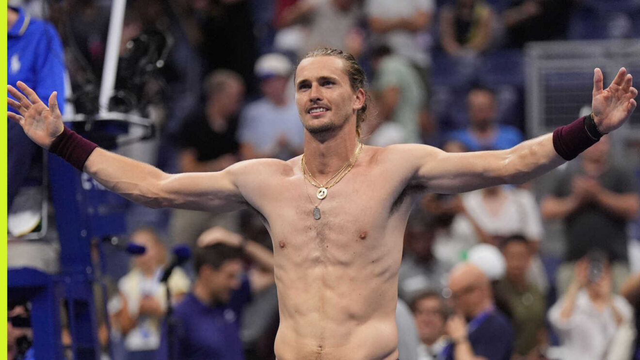 Pictured: A shirtless Alexander Zverev celebrates after his match