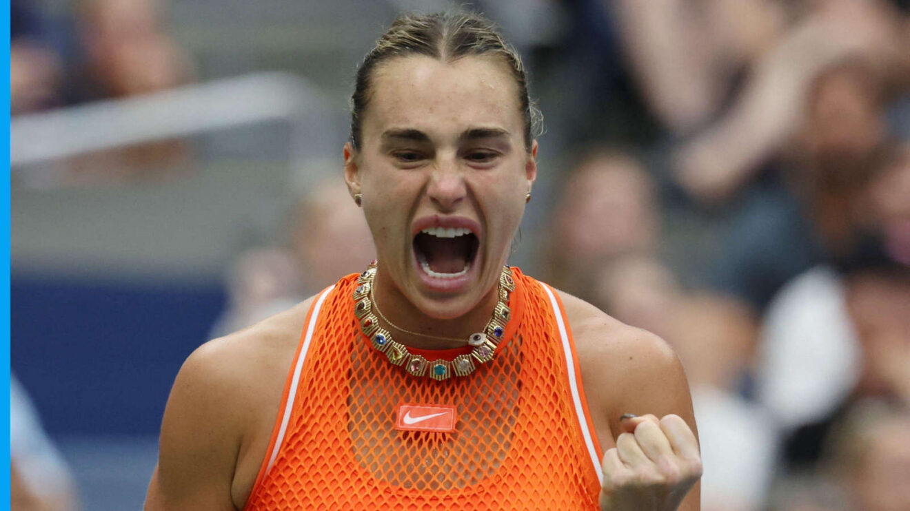 Pictured: Aryna Sabalenka celebrates during her match