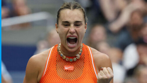 Pictured: Aryna Sabalenka celebrates during her match