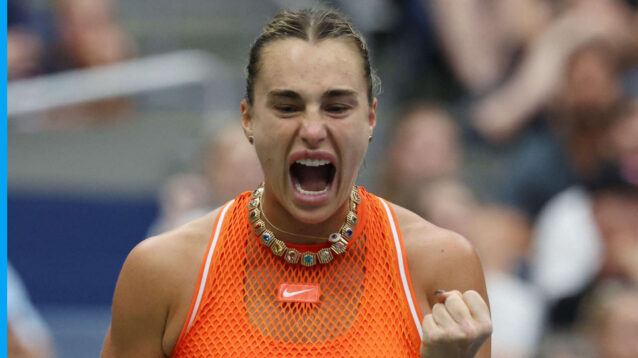 Pictured: Aryna Sabalenka celebrates during her match