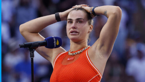Pictured: Aryna Sabalenka delivers a post-match speech