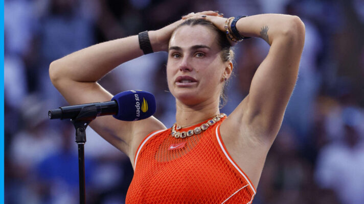 Pictured: Aryna Sabalenka delivers a post-match speech