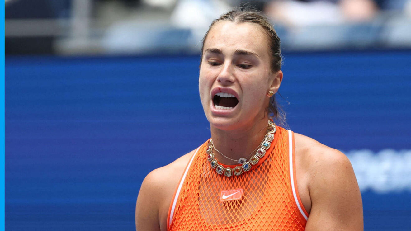 Pictured: Aryna Sabalenka reacts during a match