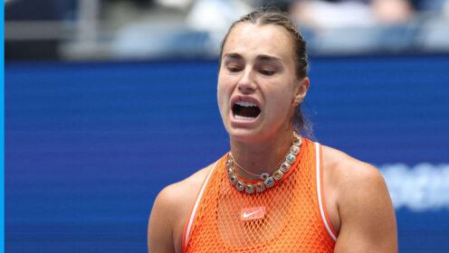 Pictured: Aryna Sabalenka reacts during a match