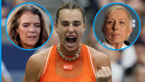 Pictured: Aryna Sabalenka with insets of Annabel Croft and Martina Navratilova
