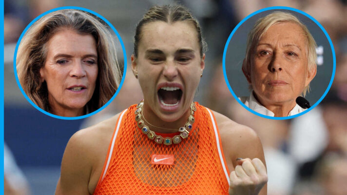 Pictured: Aryna Sabalenka with insets of Annabel Croft and Martina Navratilova