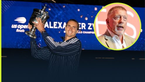 Alexander Zverev lifting the US Open 2026 title with an inset of Boris Becker.