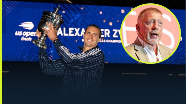 Alexander Zverev lifting the US Open 2026 title with an inset of Boris Becker.