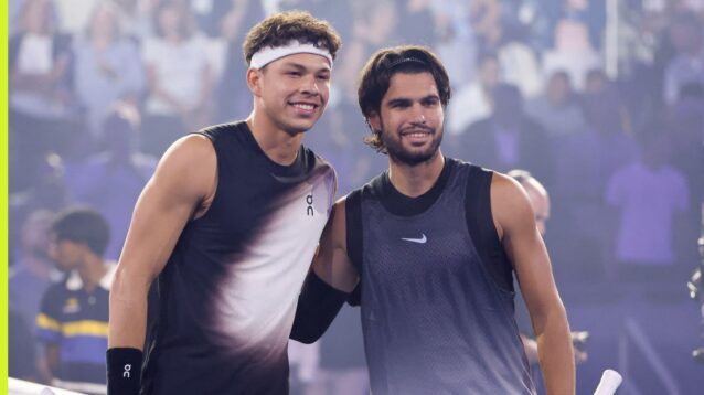 Pictured: Ben Shelton and Carlos Alcaraz at the US Open