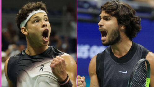 Pictured: Ben Shelton and Carlos Alcaraz react during their matches