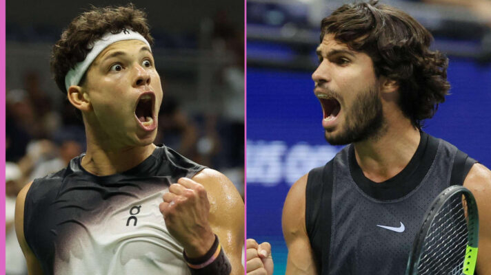 Pictured: Ben Shelton and Carlos Alcaraz react during their matches