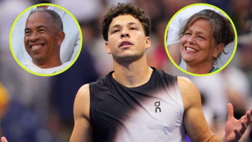 Pictured: Ben Shelton with insets of his parents Bryan Shelton and Lisa Shelton