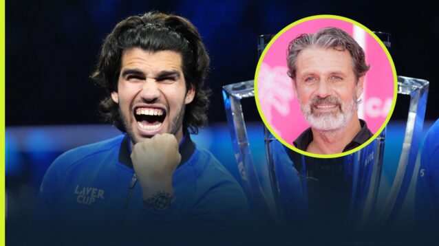 Carlos Alcaraz celebrating his 2026 Laver Cup win with an inset of tennis coach Patrick Mouratoglou.