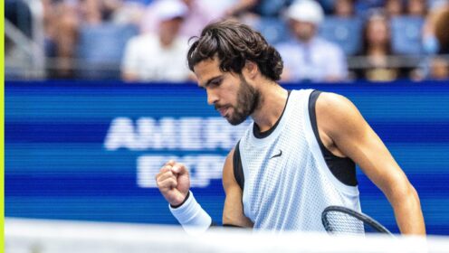 Carlos Alcaraz celebrating a point at the 2026 US Open.