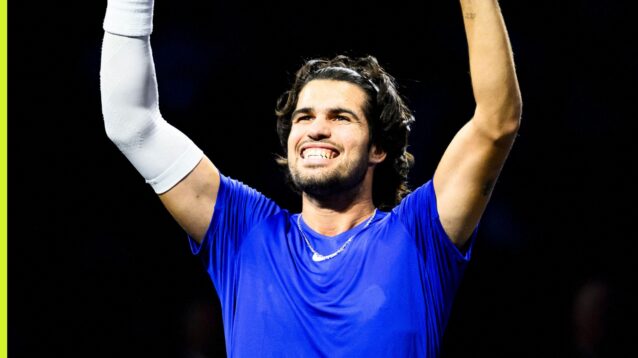 Carlos Alcaraz celebrating at the 2026 Laver Cup.