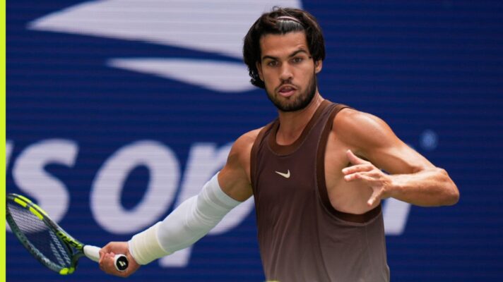 Carlos Alcaraz in action at the US Open